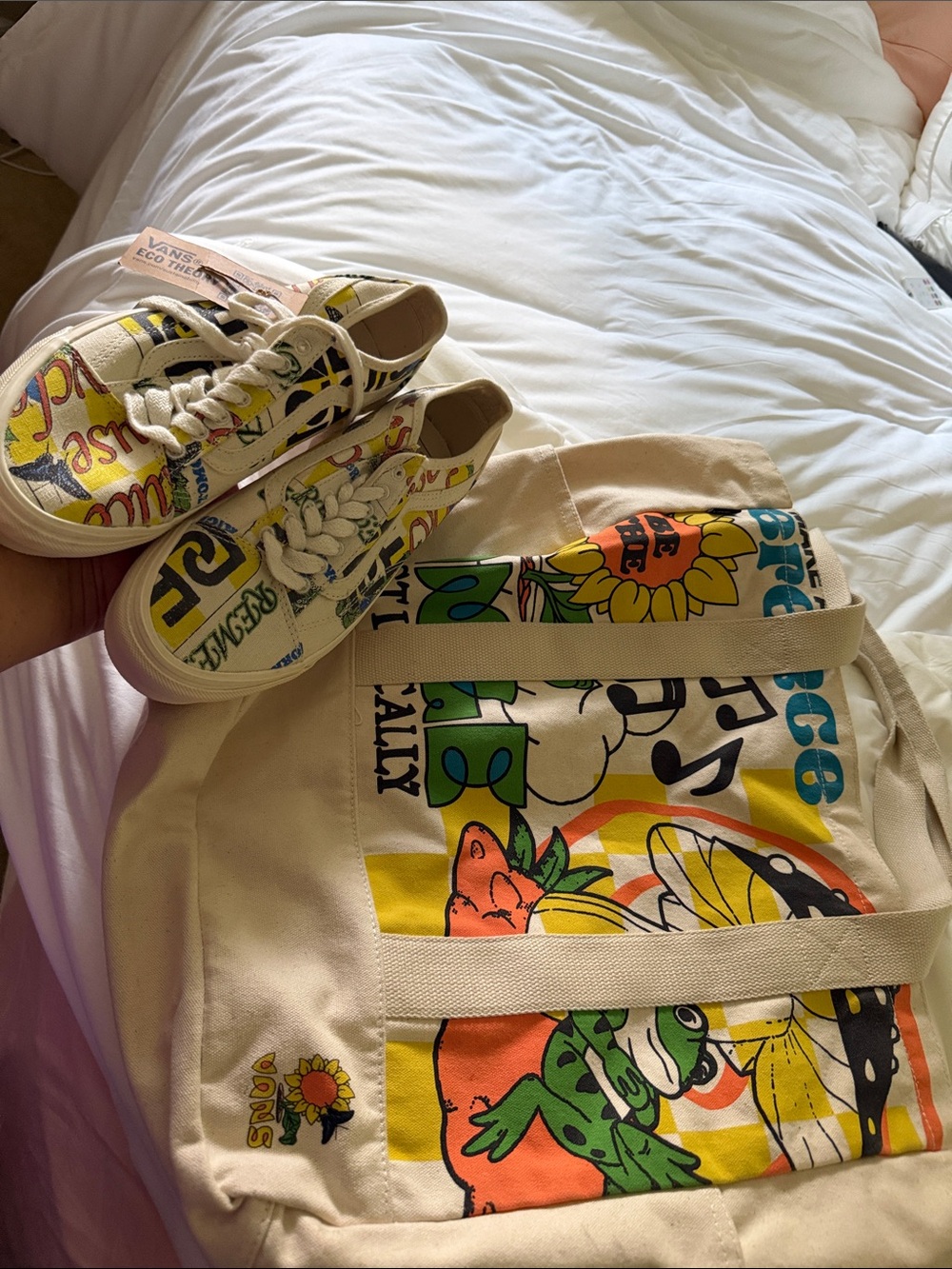 Vans Cream Canvas Sneakers and Matching Colorful Graphic Tote